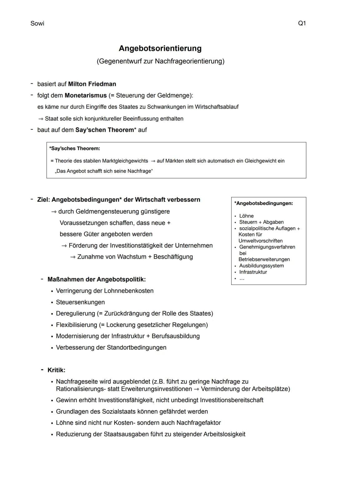 Sowi
basiert auf Milton Friedman
folgt dem Monetarismus (= Steuerung der Geldmenge):
es käme nur durch Eingriffe des Staates zu Schwankungen