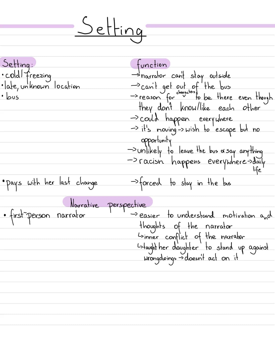 •Setting
Setting:
•cold/ freezing
• late, unknown location
• bus
•pays with her last change
Narrative
first person narrator
function
→narrat