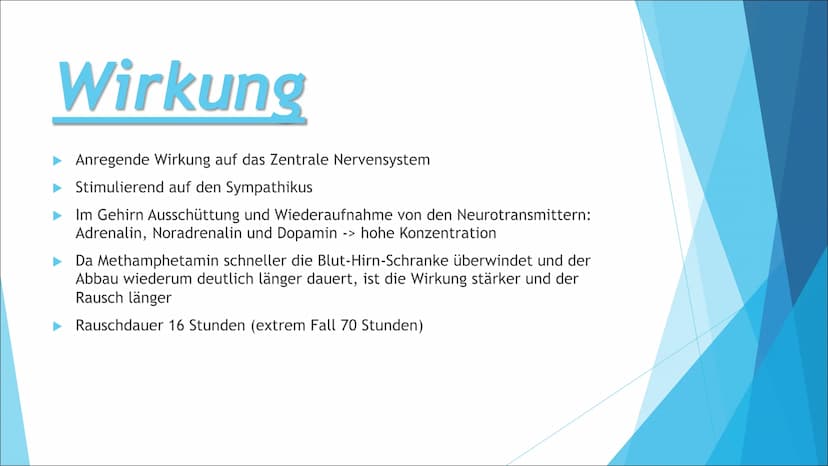 Methamphetamin Gliederung
Informationen
Zusammensetzung
Synapse
Wirkung
Körperliche Auswirkungen
Psychische Auswirkung
Risiken Information
v
