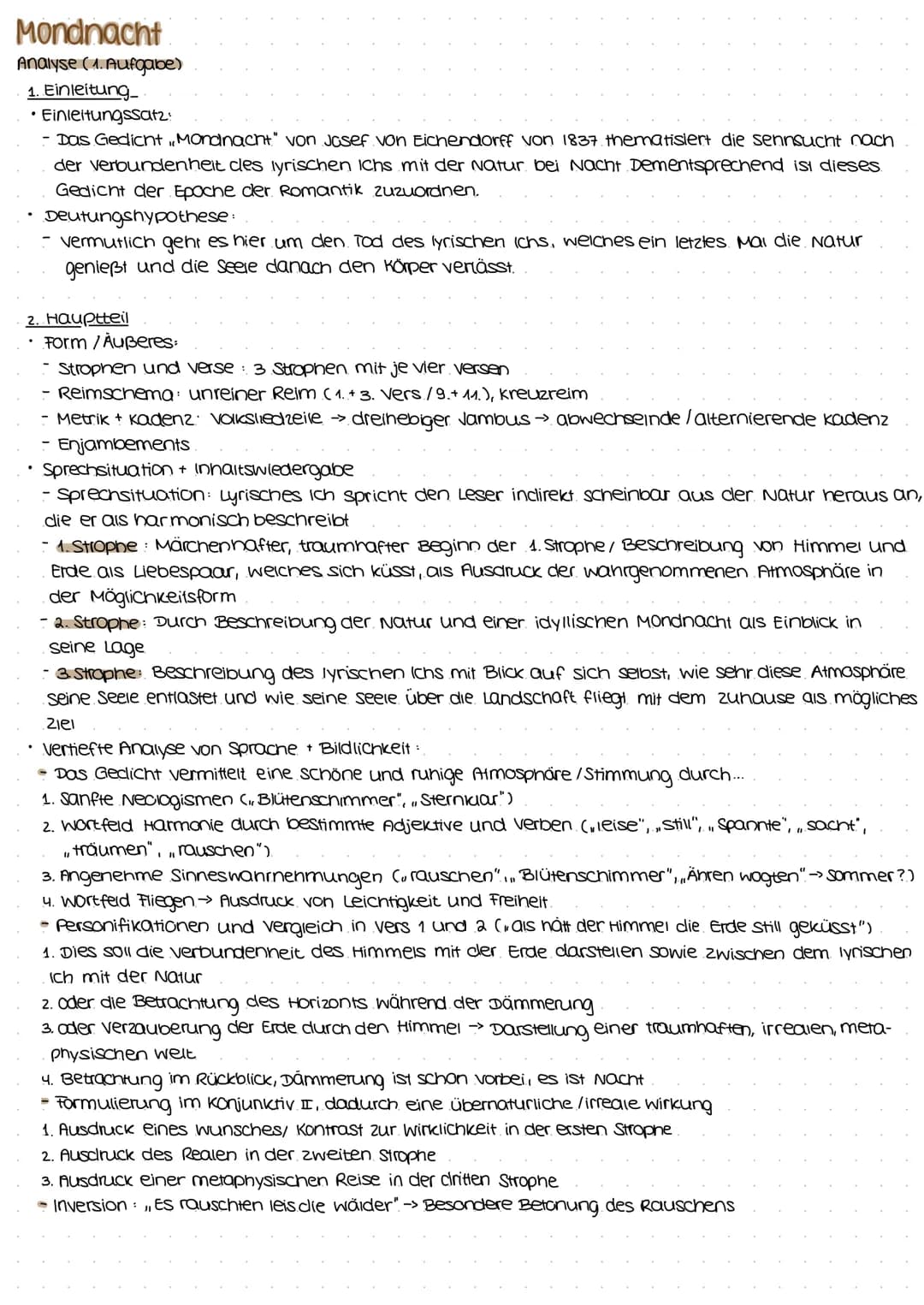 Mondnacht
Analyse (1. Aufgabe)
1. Einleitung_
Einleitungssatz:
- Das Gedicht Mondnacht." von Josef von Eichendorff von 1837 thematisiert die