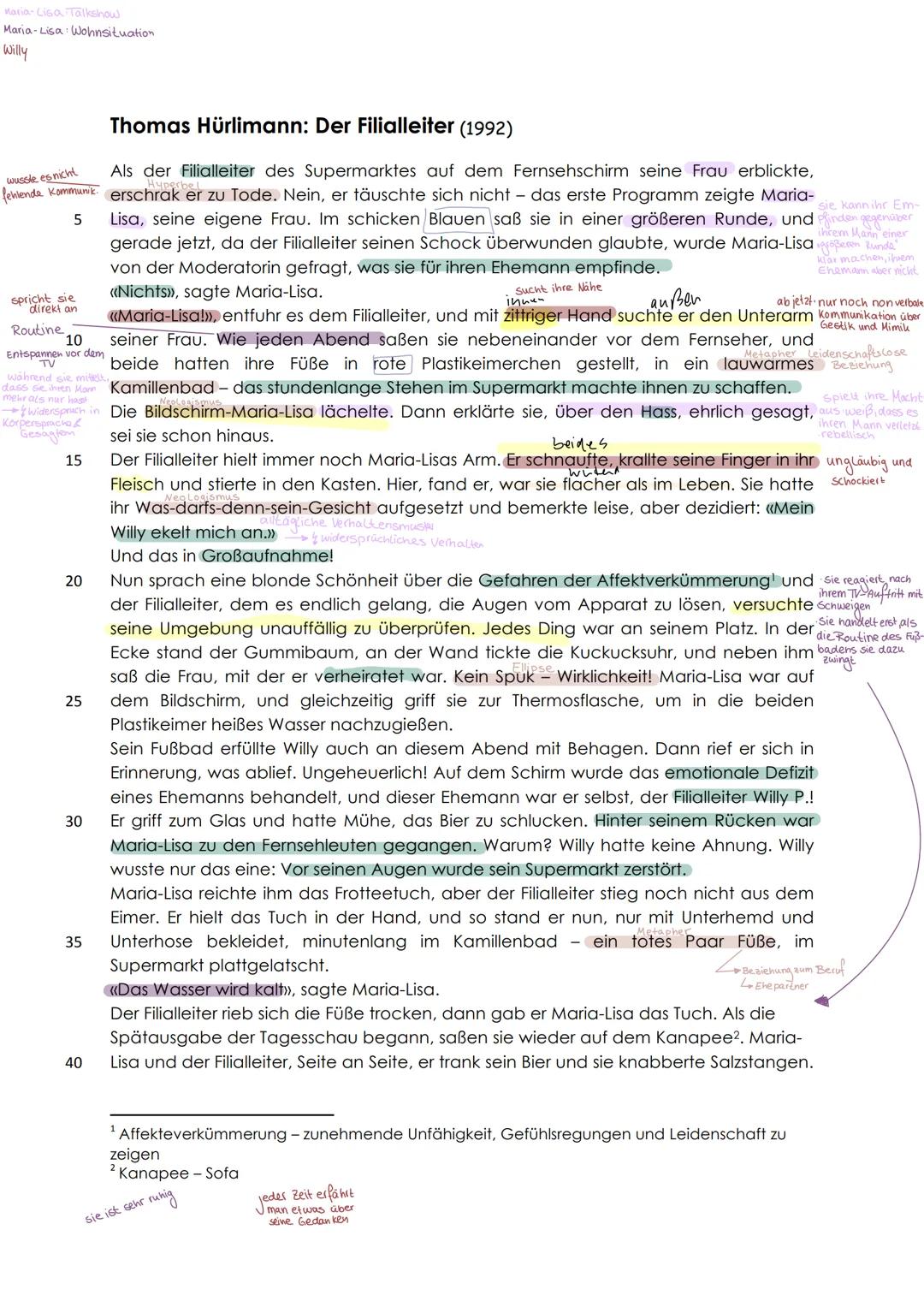 Der Filialleiter"
Thomas Hürlimann: Analyse und
Interpretation
Die Kurzgeschichte ,,Der Filialleiter" aus dem Jahre 1992, die von Thomas Hür