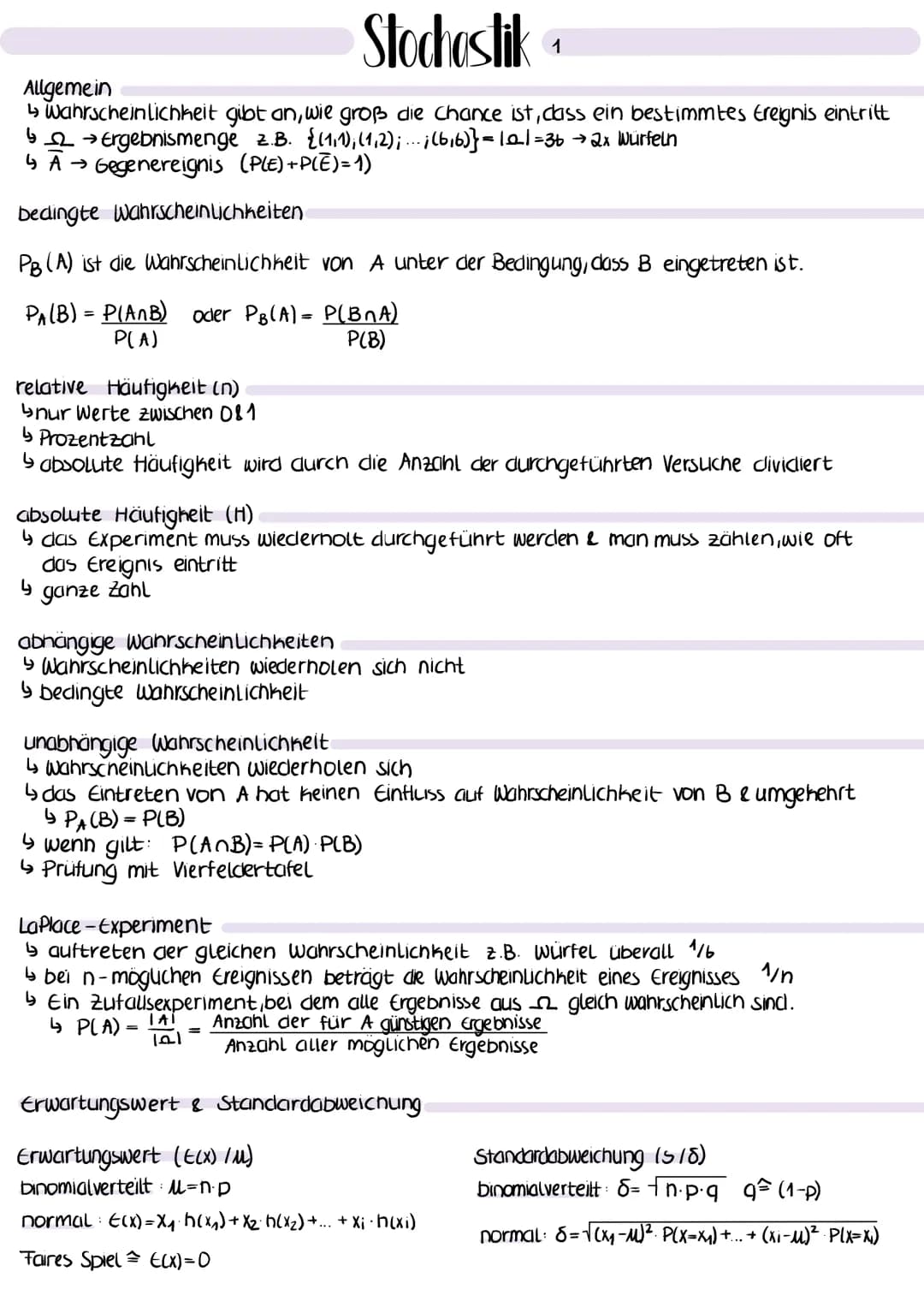 Stochastik
Allgemein
↳ Wahrscheinlichkeit gibt an, wie groß die Chance ist, dass ein bestimmtes Ereignis eintritt
→ Ergebnismenge Z.B. {(1,1