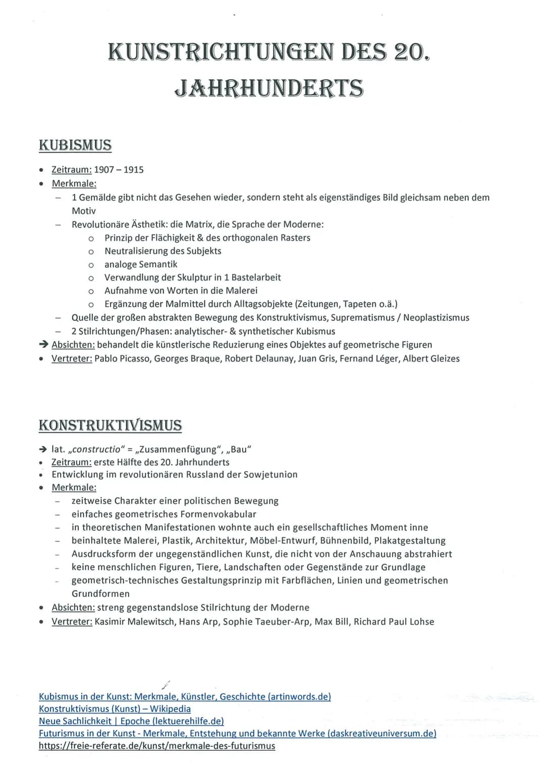 KUNSTRICHTUNGEN DES 20.
KUBISMUS
JAHRHUNDERTS
• Zeitraum: 1907 - 1915
● Merkmale:
1 Gemälde gibt nicht das Gesehen wieder, sondern steht als