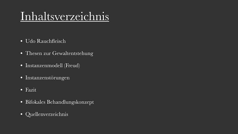 Udo Rauchfleisch
psychoanalytischer Ansatz Inhaltsverzeichnis
• Udo Rauchfleisch
●
●
Thesen zur Gewaltentstehung
Instanzenmodell (Freud)
Ins