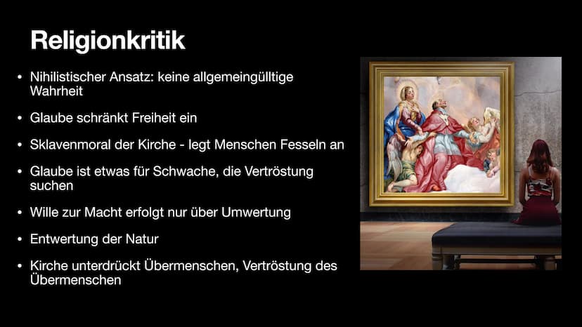 Friedrich
Nietzsche Gliederung
●
●
●
●
●
●
Allgemein
Weltansicht & Ziele
Menschenbild
Religionskritik
Nihilismus
Also Sprach Zarathustra
Kri