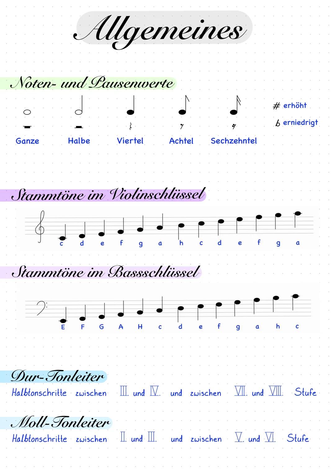 Allgemeines
Noten- und Pausenwerte
Ganze
Halbe
Viertel
e
Stammtöne im Violinschlüssel
9 a
9
Achtel Sechzehntel
E F G A H c
h
Stammtöne im Ba