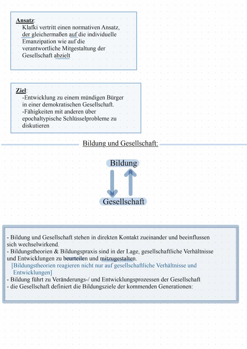 
<h2 id="allgemein">Allgemein</h2>
<p>Klafki vertritt einen normativen Ansatz, der gleichermaßen auf die individuelle Emanzipation wie auf d