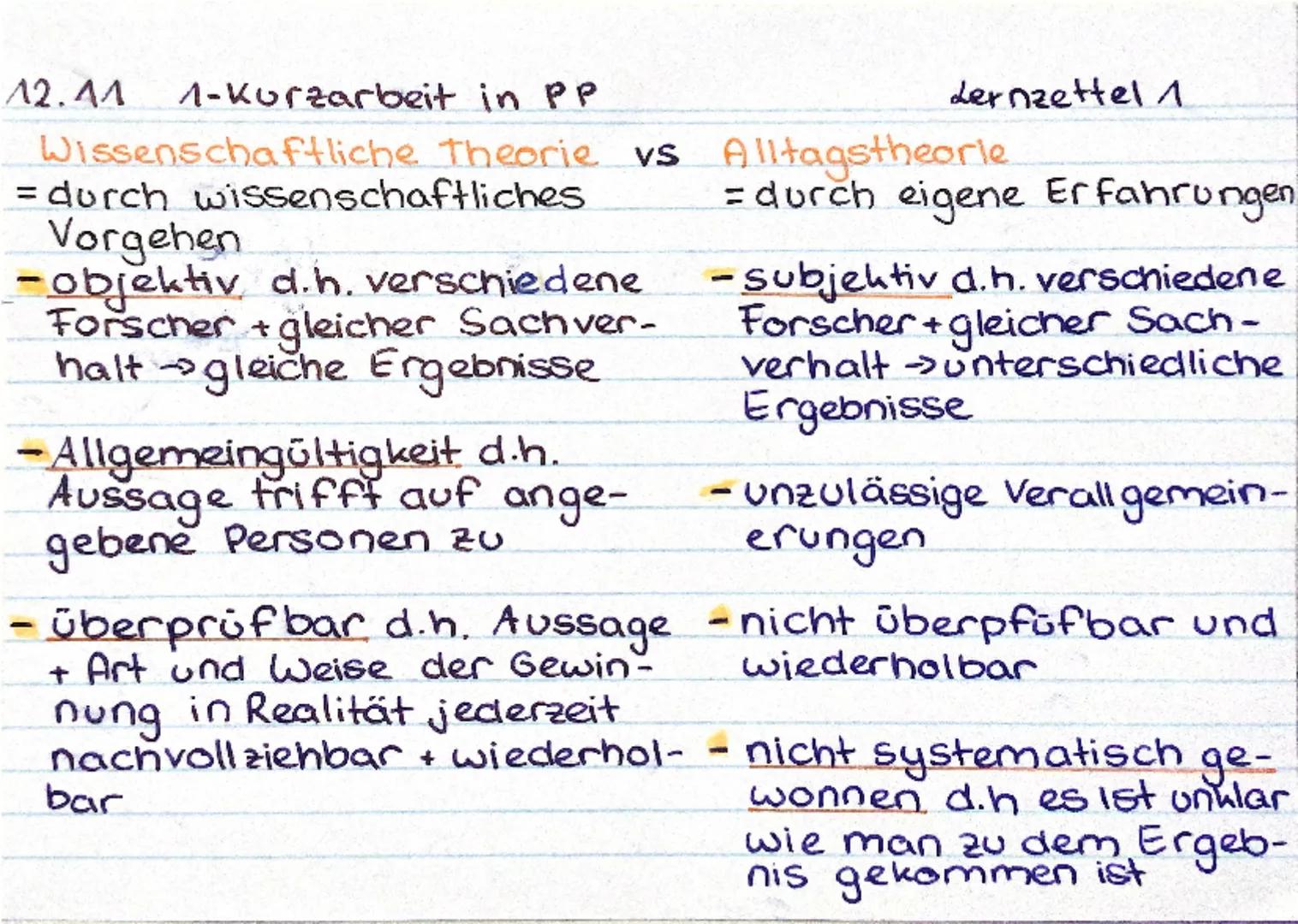 12.11
1-Kurzarbeit in PP
Lernzettel 1
Wissenschaftliche Theorie vs Alltagstheorie
= durch wissenschaftliches
Vorgehen
-objektiv d.h. verschi