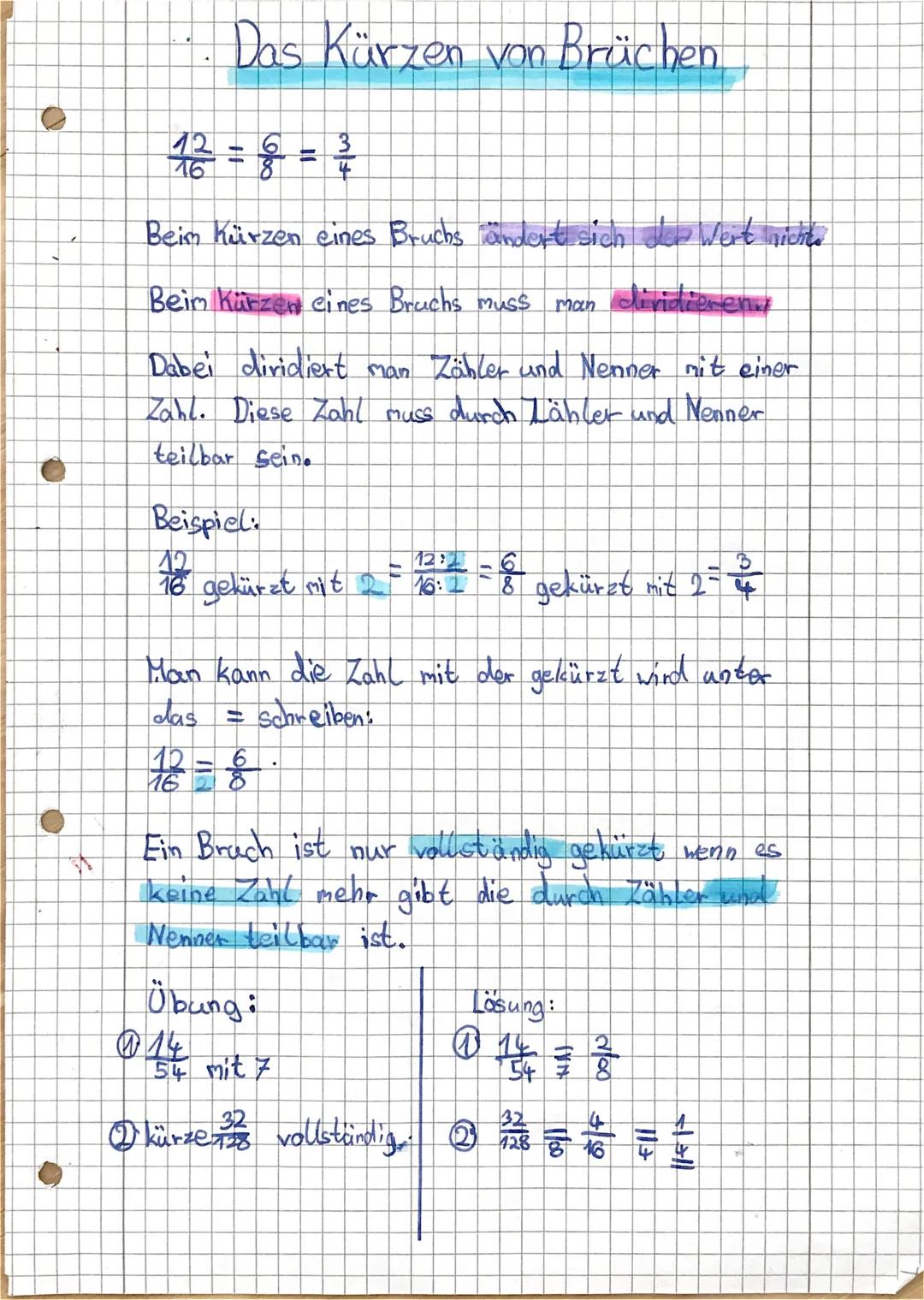 Das Kürzen von Brüchen
12
16
Beim Kürzen eines Bruchs ändert sich der Wert nichts
Beim Kürzen eines Bruchs muss man dividieren
Dabei dividie