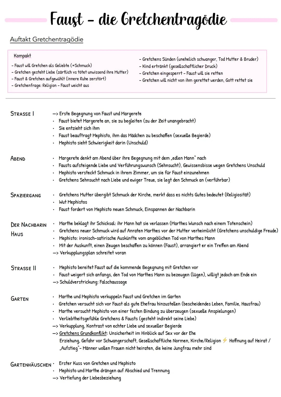 Auftakt Gretchentragödie
Kompakt
- Faust will Gretchen als Geliebte (=Schmuck)
- Gretchen gesteht Liebe (zärtlich vs tötet unwissend ihre Mu