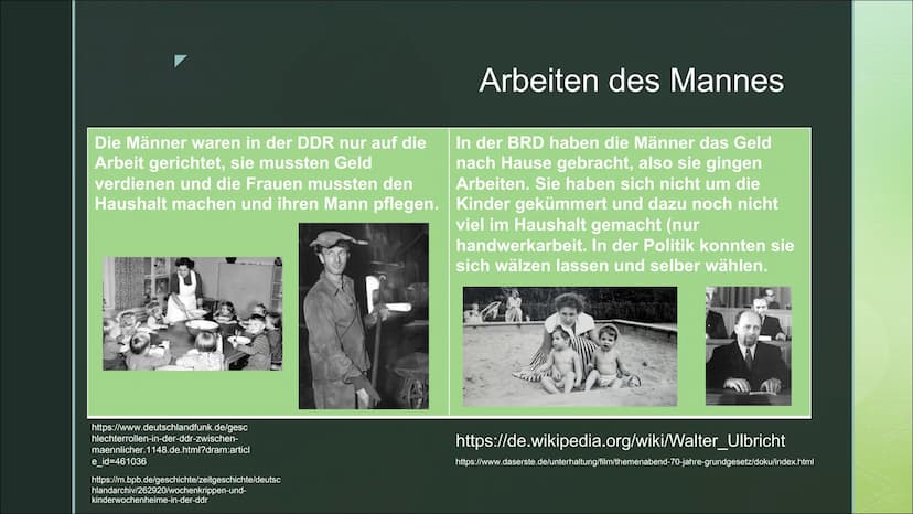Von Mia Körner und Alina Scheuer
Arbeiten in der
DDR und BRD BRD
Im Haushalt: Mussten den Haushalt
alleine machen wärmend der Mann
Arbeiten/