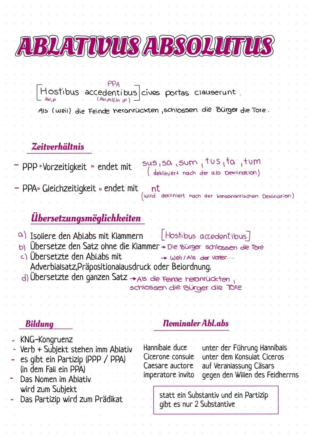 ABLATIVUS ABSOLUTUS
PPA
Hostibus accedentibus cives portas clauserunt
Abl, pl
(Abi,m/f/n ipl)
Als (weil) die Feinde heranrückten, schlossen 