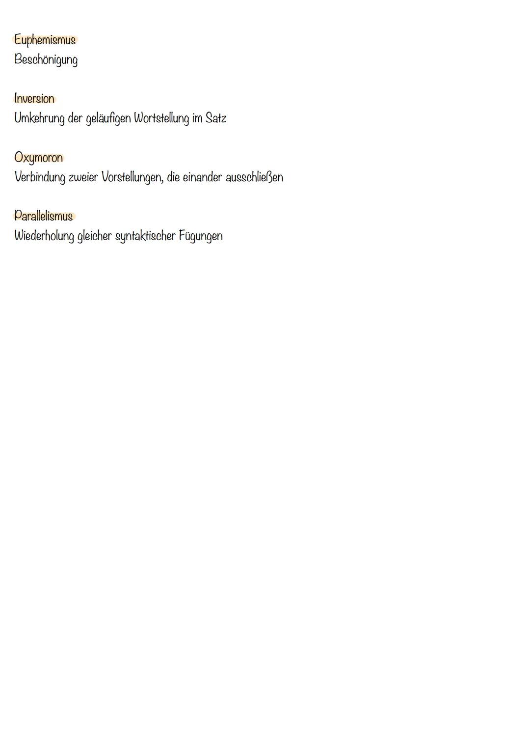 # Sprachliche Mittel

Anapher
Ein oder mehrere Wörter werden am Satzanfang wiederholt
-> Rhythmik, Eindringlichkeit, Struktur

Alliteration
