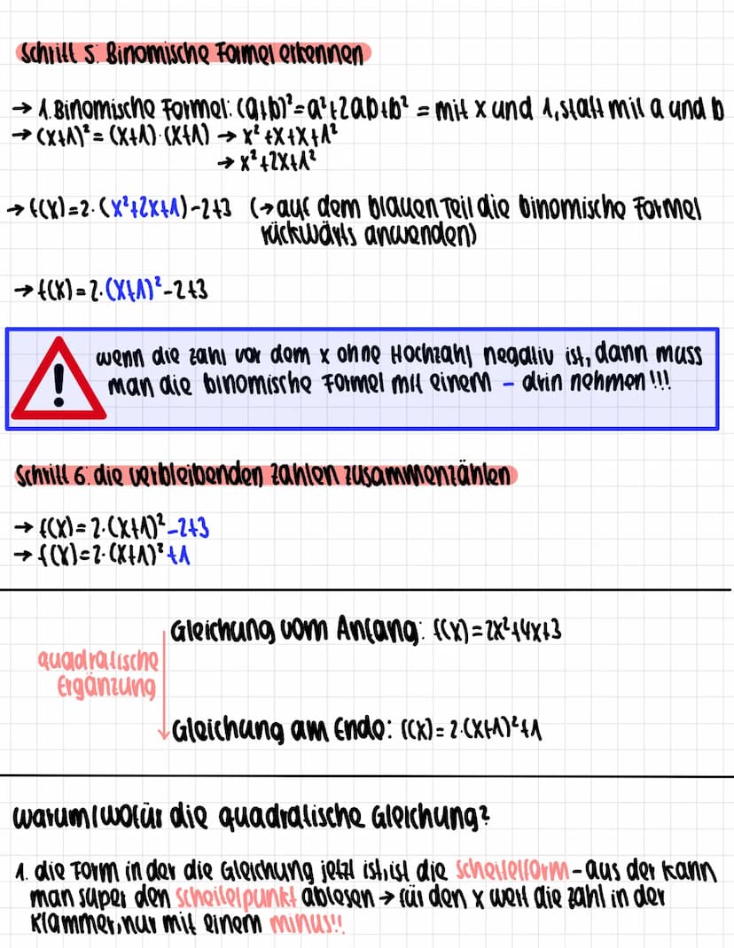 Schritt S. Binomische Formel erkennen
→ 4. Binomische Formel: (a+b)²=a² + 2ab+b² = mit x und 1, statt mil a und b
→(X+A)² = (X+A) (X+A) → x²