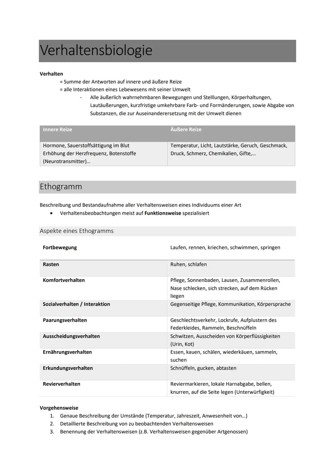 Verhaltensbiologie
Verhalten
Innere Reize
= Summe der Antworten auf innere und äußere Reize
= alle Interaktionen eines Lebewesens mit seiner