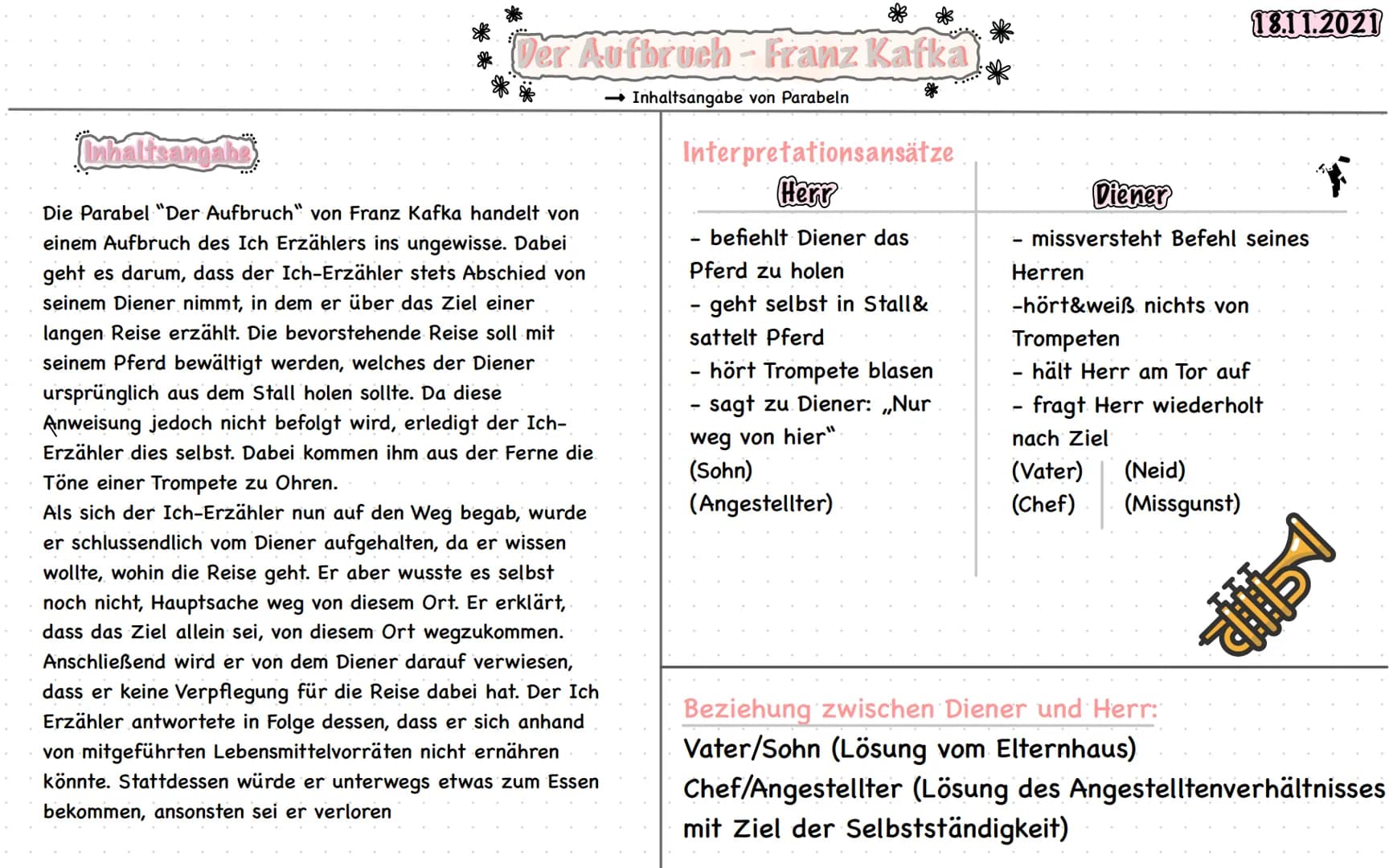 Der Aufbruch - Franz Kafka
**
→ Inhaltsangabe von Parabeln
Inhaltsangabe
Die Parabel "Der Aufbruch" von Franz Kafka handelt von
einem Aufbru