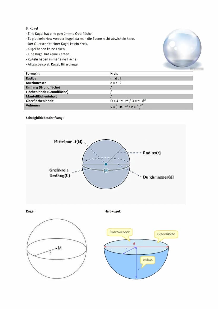 Mathematik
Zusammenfassung - Steckbriefe verschiedener Körper
1. Kegel
- Die Grundfläche eines Kegels ist ein Kreis.
- Die Mantelfläche ist 