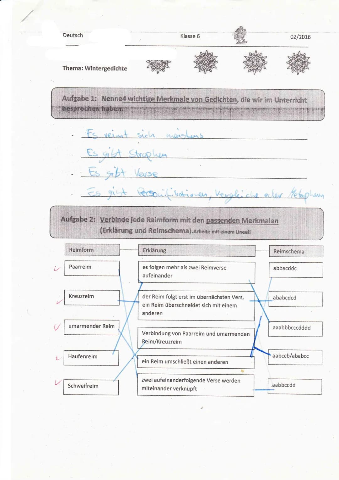 4. Klassenarbeit
3.gl Winternacht
Verschweit liegt rings
die
Welt,
ganze
& Verlassen steht der Bann im Feld,
-Jusepla
-3 Ich hab' nichts, wa