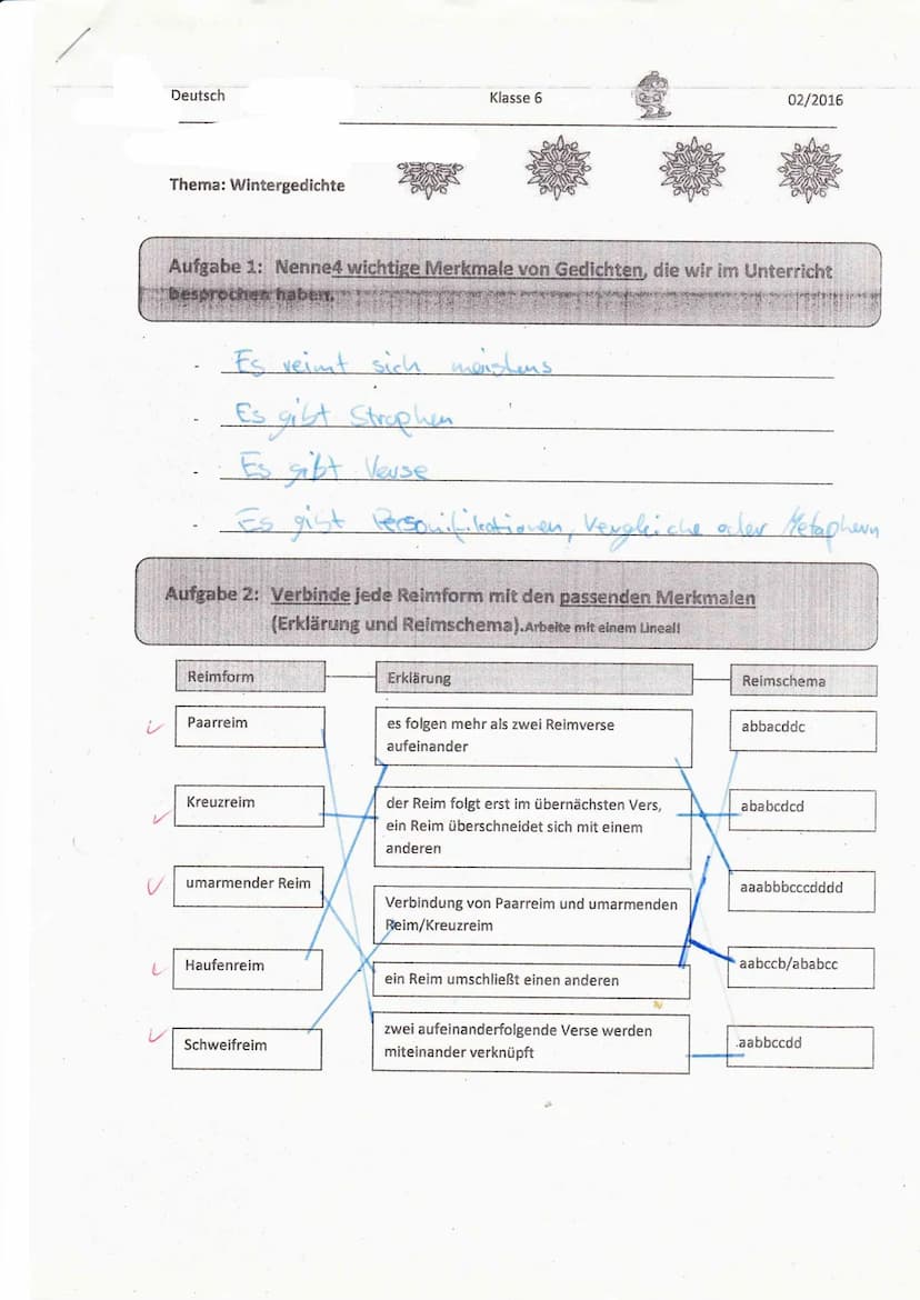4. Klassenarbeit
3.gl Winternacht
Verschweit liegt rings
die
Welt,
ganze
& Verlassen steht der Bann im Feld,
-Jusepla
-3 Ich hab' nichts, wa