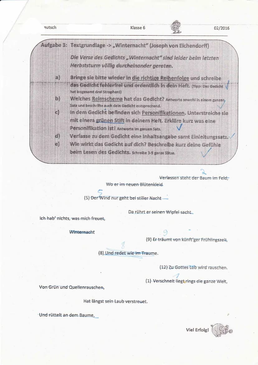 4. Klassenarbeit
3.gl Winternacht
Verschweit liegt rings
die
Welt,
ganze
& Verlassen steht der Bann im Feld,
-Jusepla
-3 Ich hab' nichts, wa