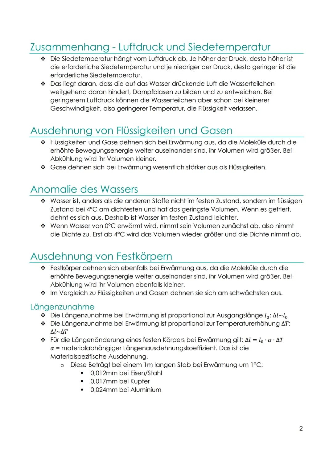 Physik Wärmelehre
Zusammenfassung
Aggregatzustände
→ Stoffe können in den drei Aggregatzuständen fest, flüssig und gasförmig vorliegen.
Alle