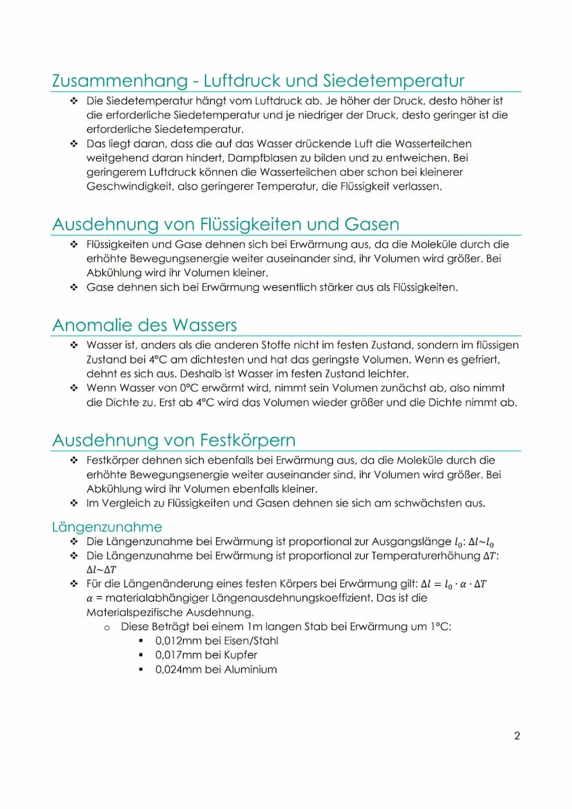 Physik Wärmelehre
Zusammenfassung
Aggregatzustände
→ Stoffe können in den drei Aggregatzuständen fest, flüssig und gasförmig vorliegen.
Alle