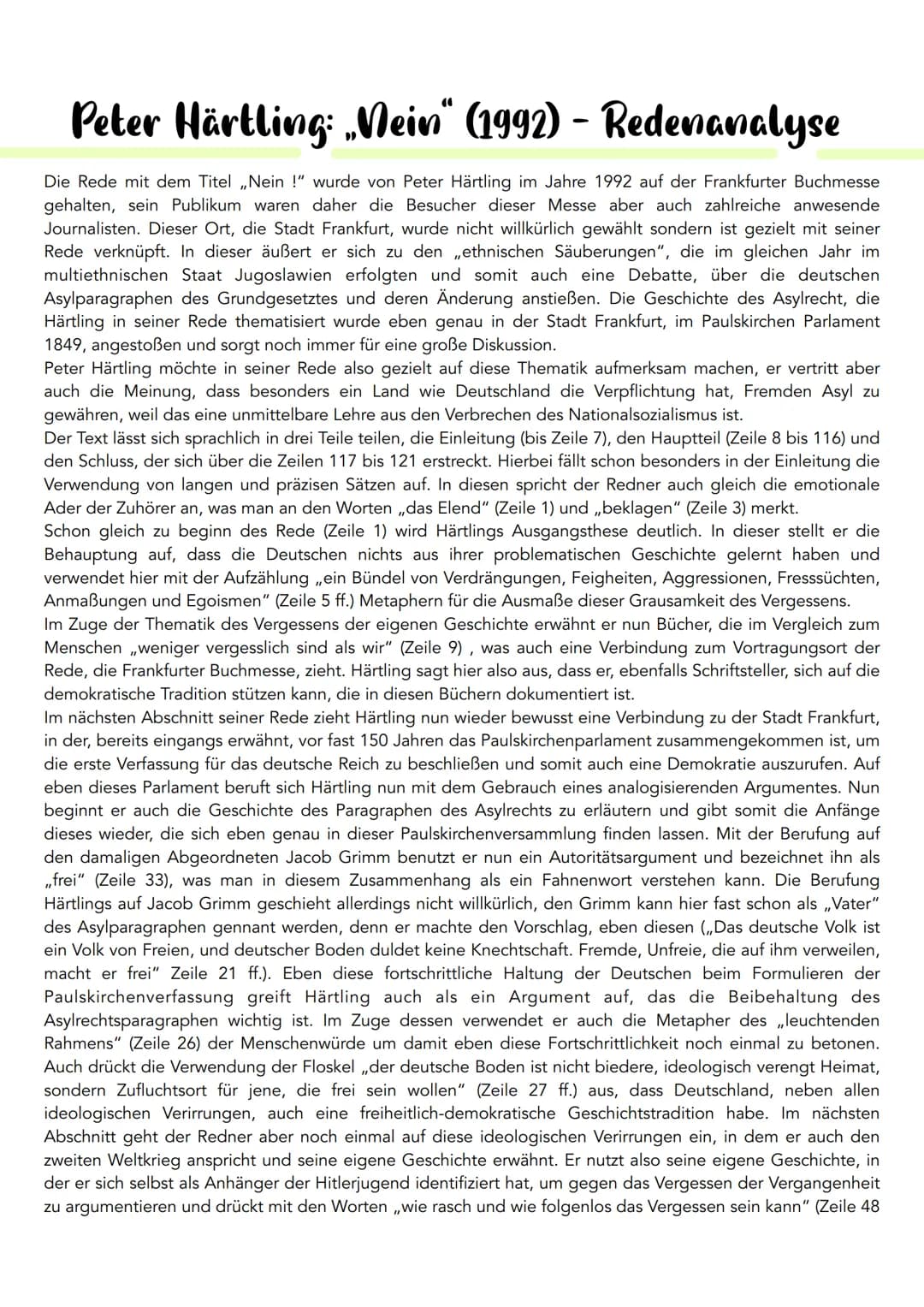 Peter Härtling: Mein" (1992) - Redenanalyse
Die Rede mit dem Titel ,,Nein !" wurde von Peter Härtling im Jahre 1992 auf der Frankfurter Buch