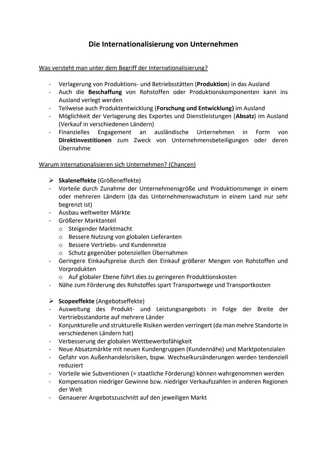 # Die Internationalisierung von Unternehmen

Was versteht man unter dem Begriff der Internationalisierung?

- Verlagerung von Produktions- u