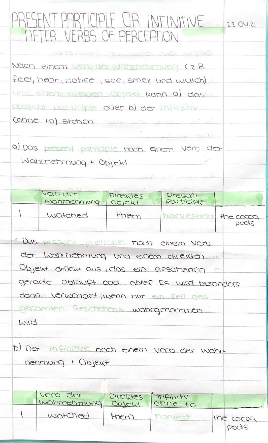 
<p>Nach Verben der Wahrnehmung wie fühlen, hören, bemerken, sehen, riechen und beobachten kann entweder das Present Participle oder der Inf