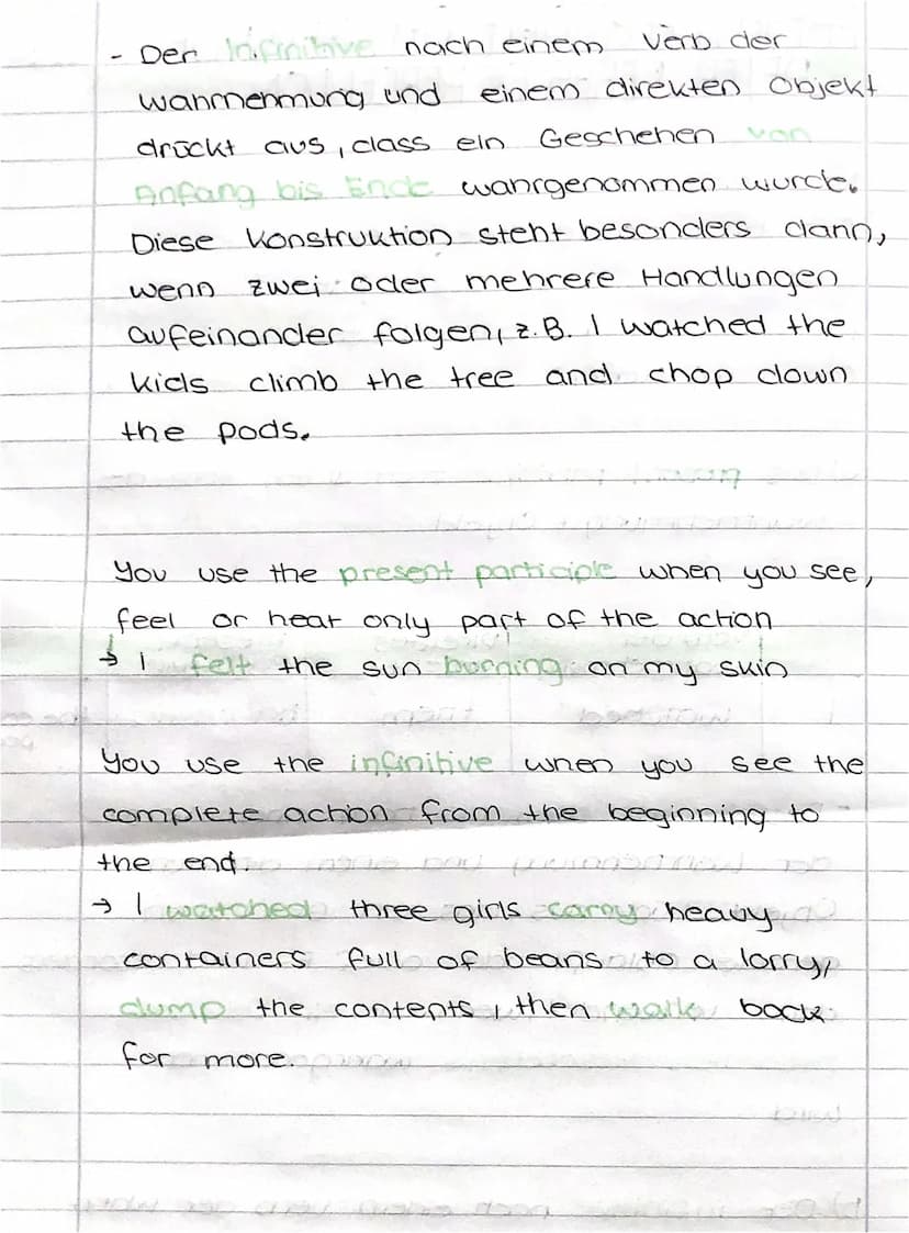 
<p>Nach Verben der Wahrnehmung wie fühlen, hören, bemerken, sehen, riechen und beobachten kann entweder das Present Participle oder der Inf