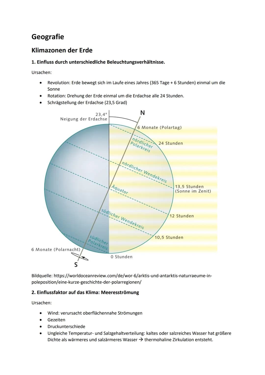 Geografie
Klimazonen der Erde
1. Einfluss durch unterschiedliche Beleuchtungsverhältnisse.
Ursachen:
●
●
Revolution: Erde bewegt sich im Lau