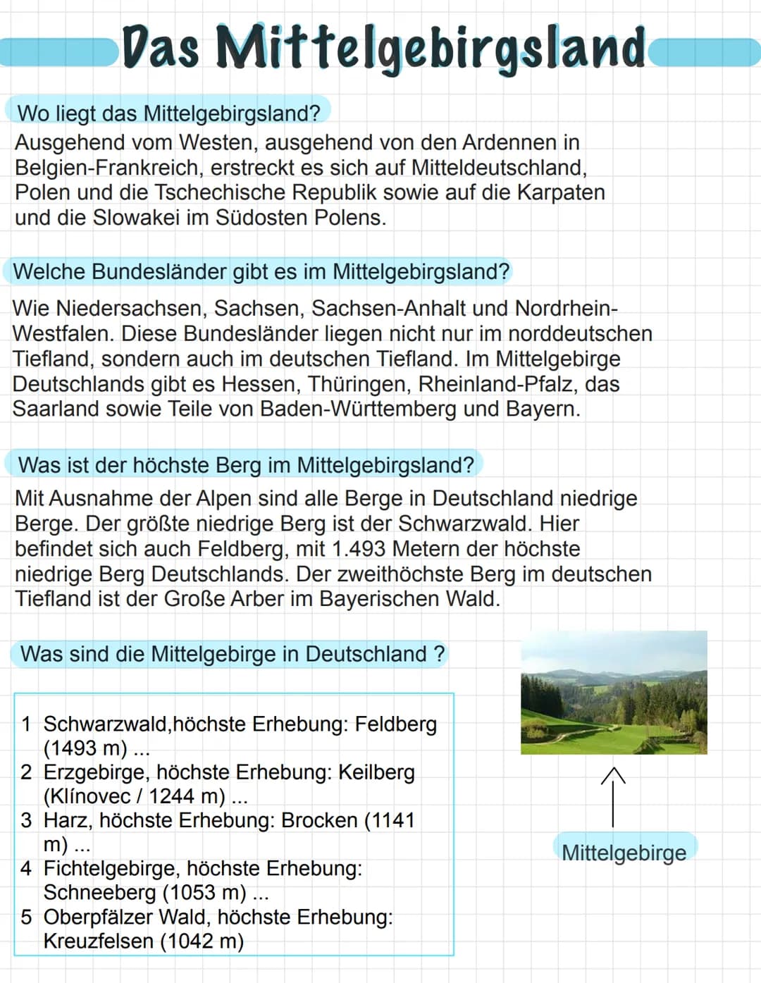 Das Mittelgebirgsland
Wo liegt das Mittelgebirgsland?
Ausgehend vom Westen, ausgehend von den Ardennen in
Belgien-Frankreich, erstreckt es s