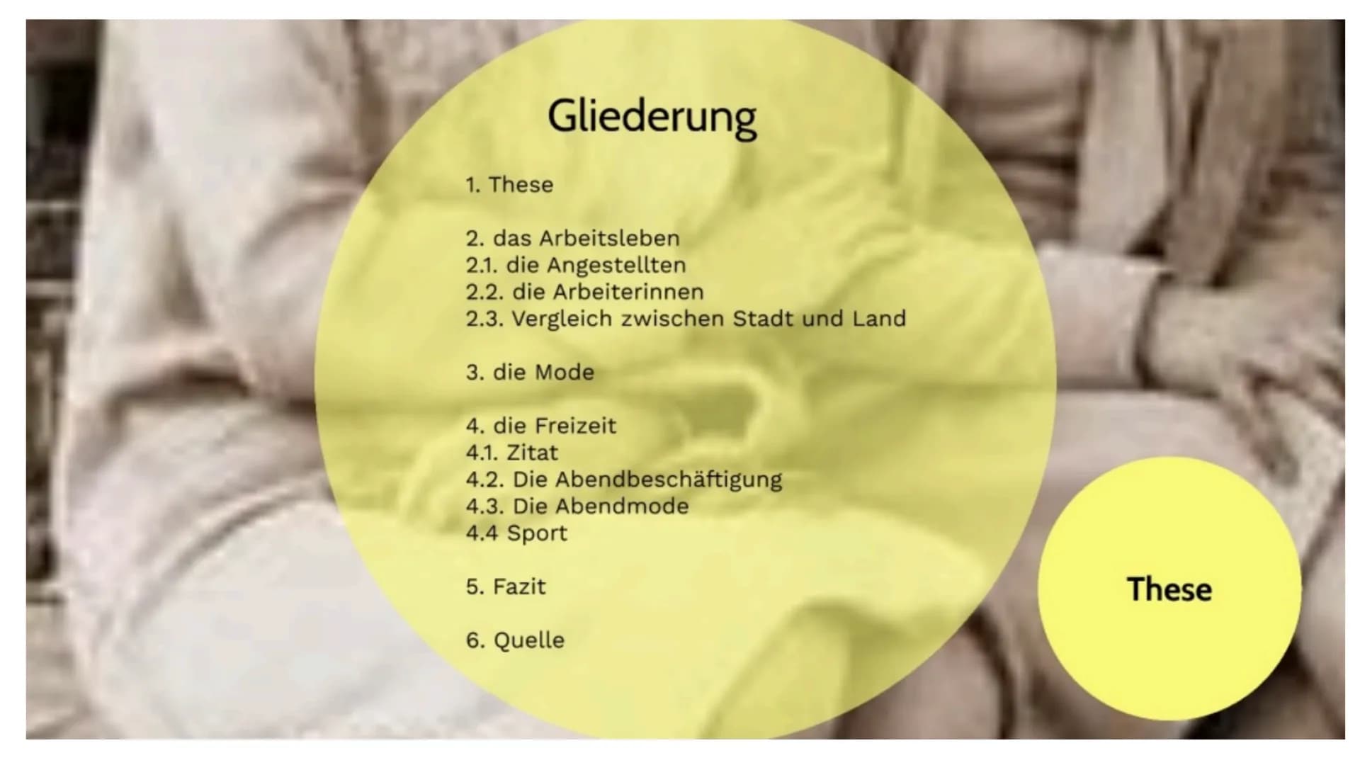 Gliederung
Die Frau in den Goldenen Zwanzigern
Das
Arbeitsleben
Die Mode
Freizeit und
Lebensgefühl
FAZIT
Quellen Gliederung
1. These
2. das 