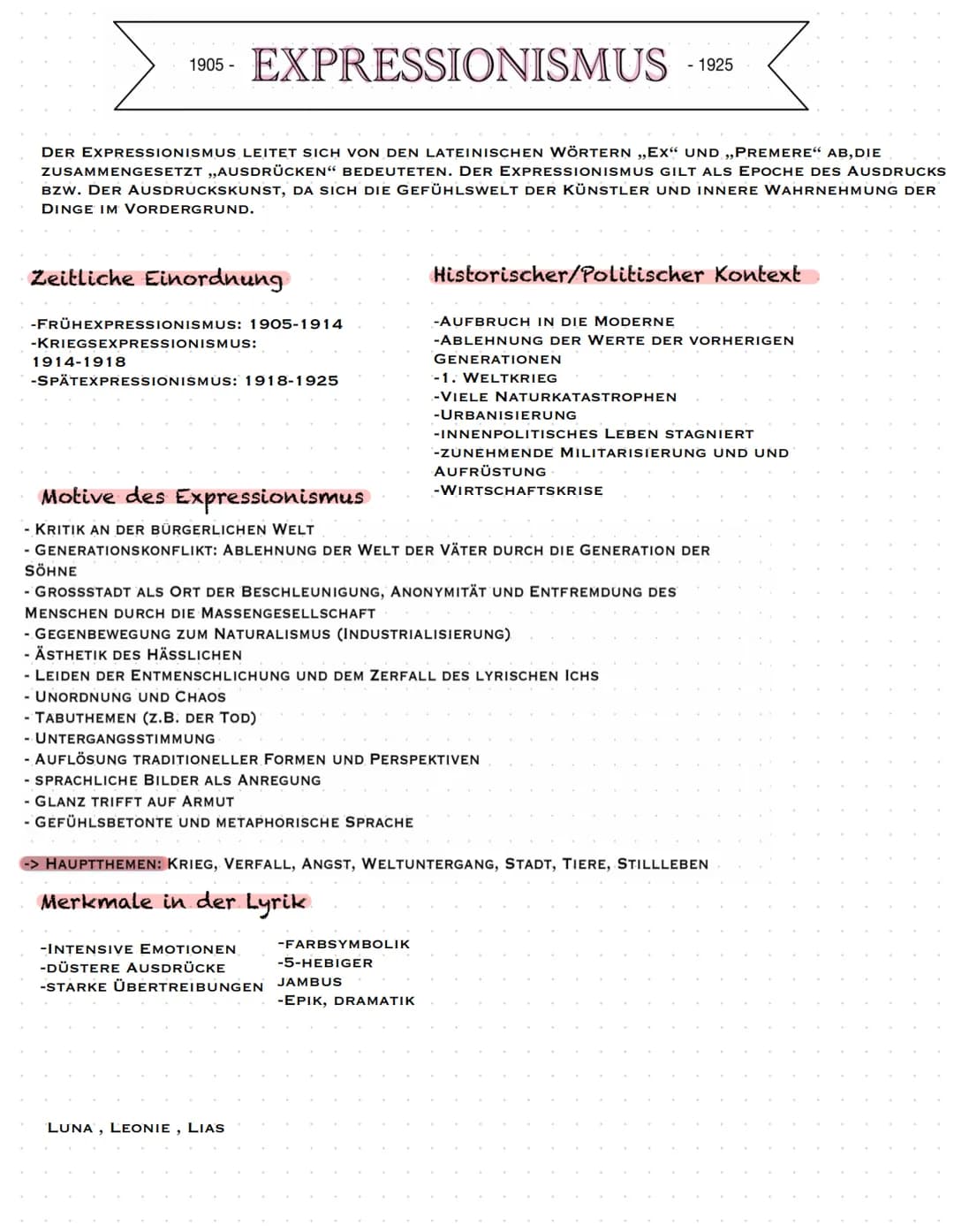 EXPRESSIONISMUS
DER EXPRESSIONISMUS LEITET SICH VON DEN LATEINISCHEN WÖRTERN ,,EX" UND ,,PREMERE" AB, DIE
ZUSAMMENGESETZT ,,AUSDRÜCKEN" BEDE
