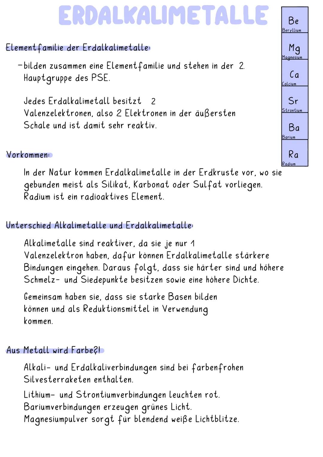 ERDALKALIMETALLE
Element familie der Erdalkalimetalle:
-bilden zusammen eine Element familie und stehen in der 2.
Hauptgruppe des PSE.
Jedes