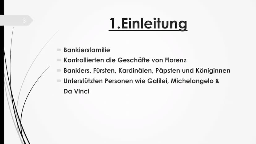 Die Medici 2
Gliederung
1. Einleitung
2.Die Familiengeschichte
3. Einfluss der Medici
4. Fazit
Leitfrage: Die Medici-NUR eine Bankiersfamili