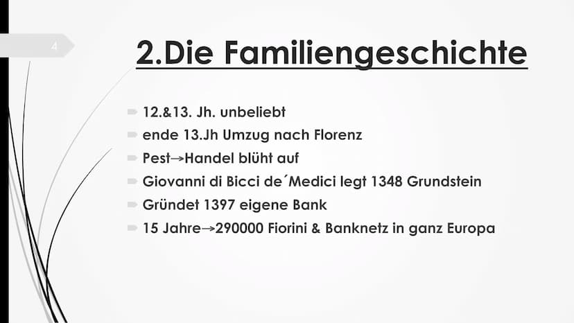 Die Medici 2
Gliederung
1. Einleitung
2.Die Familiengeschichte
3. Einfluss der Medici
4. Fazit
Leitfrage: Die Medici-NUR eine Bankiersfamili