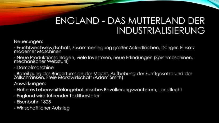 INDUSTRIALISIERUNG
Zusammenfassung der Industrialisierung - 1764: Mechanische Spinnmaschine „Spinning Jenny"
- 1768: Dampfmaschine von James