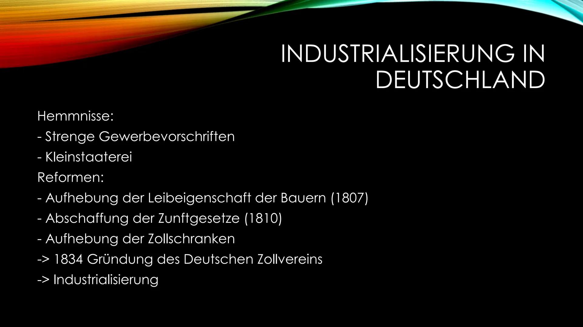 INDUSTRIALISIERUNG
Zusammenfassung der Industrialisierung - 1764: Mechanische Spinnmaschine „Spinning Jenny"
- 1768: Dampfmaschine von James