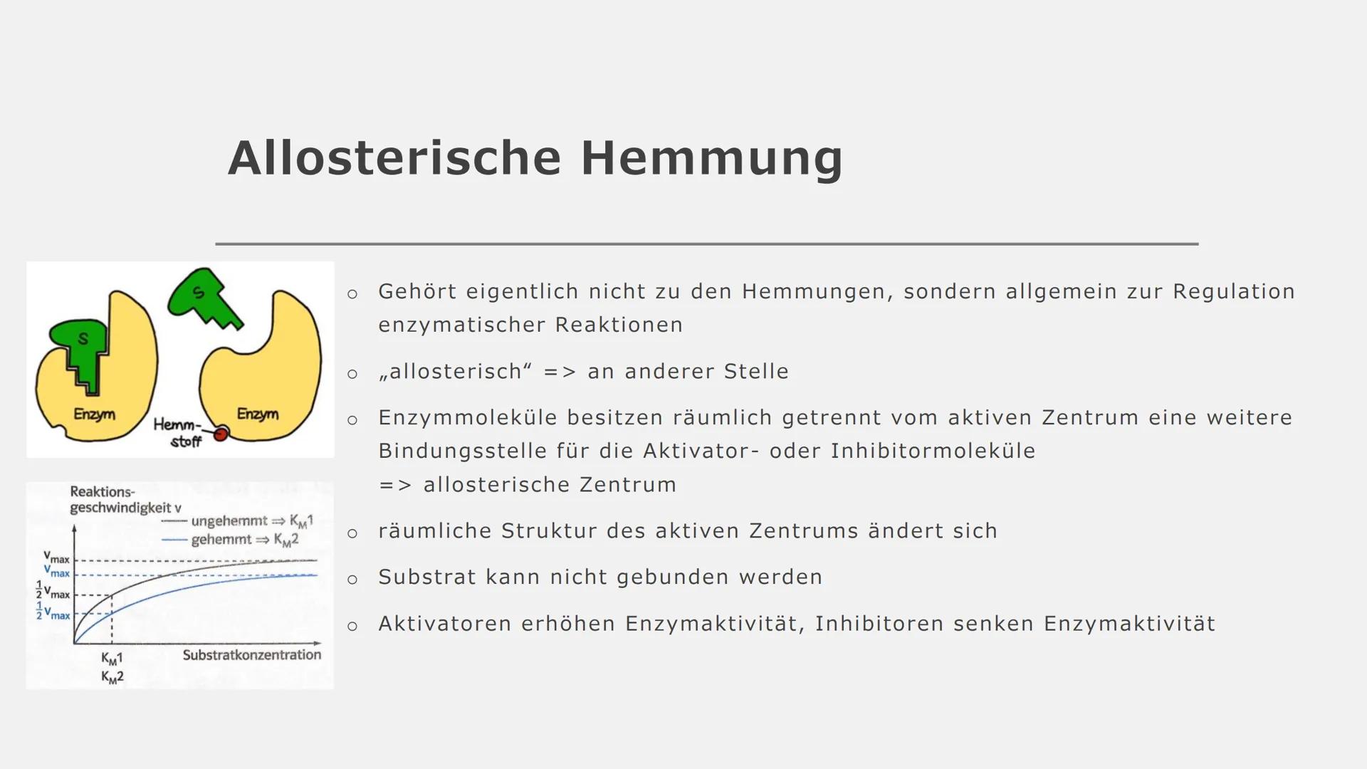 Enzym
Reaktion
Enzym
Inhibitor-
molekül
nicht
kompetitiv
Enzym
Hemm-
stoff
keine Reaktion
Enzym
Regulation
enzymkatalysierter
Reaktionen Reg