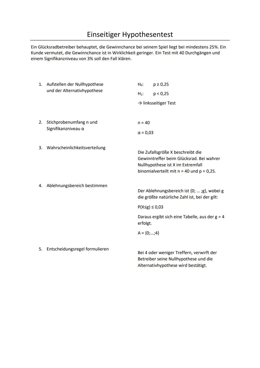 Einseitiger Hypothesentest
Die Stadt schätzt, dass höchstens 40% der Einwohner die Stadtbücherei nutzen. Die Bücherei meint
jedoch, es seien