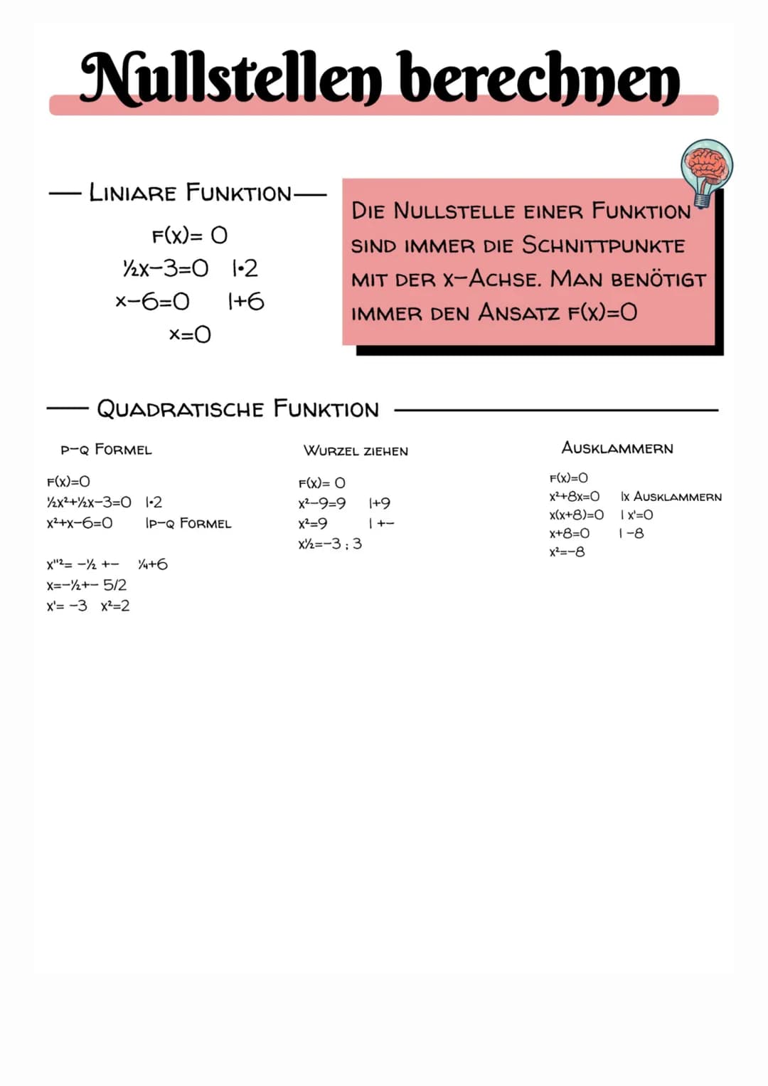Nullstellen berechnen
LINIARE FUNKTION-
F(X)= O
12x-3=0 1-2
x-6=0 1+6
x=0
QUADRATISCHE FUNKTION
P-Q FORMEL
F(X)=O
2x²+2x-3-0 1-2
x²+x-6=0
IP