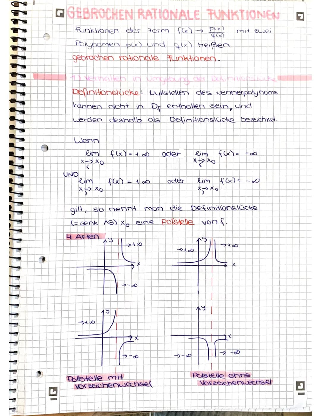 GEBROCHEN RATIONALE TFUNKTIONEN
Funktionen der Form f(x) →
mit zwei
Polynomen p(x) (ind
gebrochen rationale Funktionen.
Definitionslücke: Nu