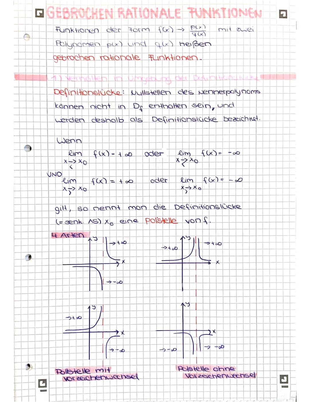 GEBROCHEN RATIONALE TFUNKTIONEN
Funktionen der Form f(x) →
mit zwei
Polynomen p(x) (ind
gebrochen rationale Funktionen.
Definitionslücke: Nu