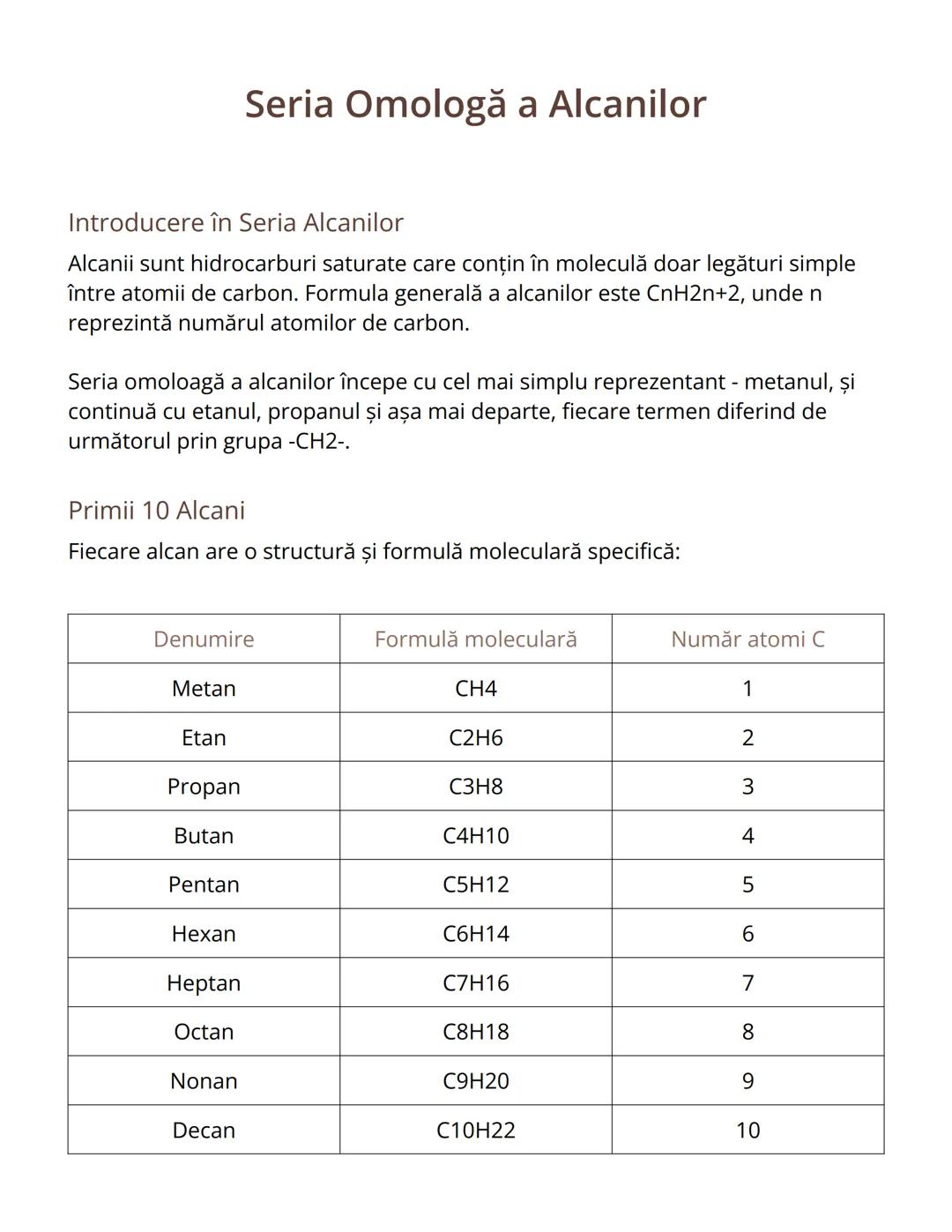 # Seria Omologă a Alcanilor

Introducere în Seria Alcanilor

Alcanii sunt hidrocarburi saturate care conțin în moleculă doar legături simple