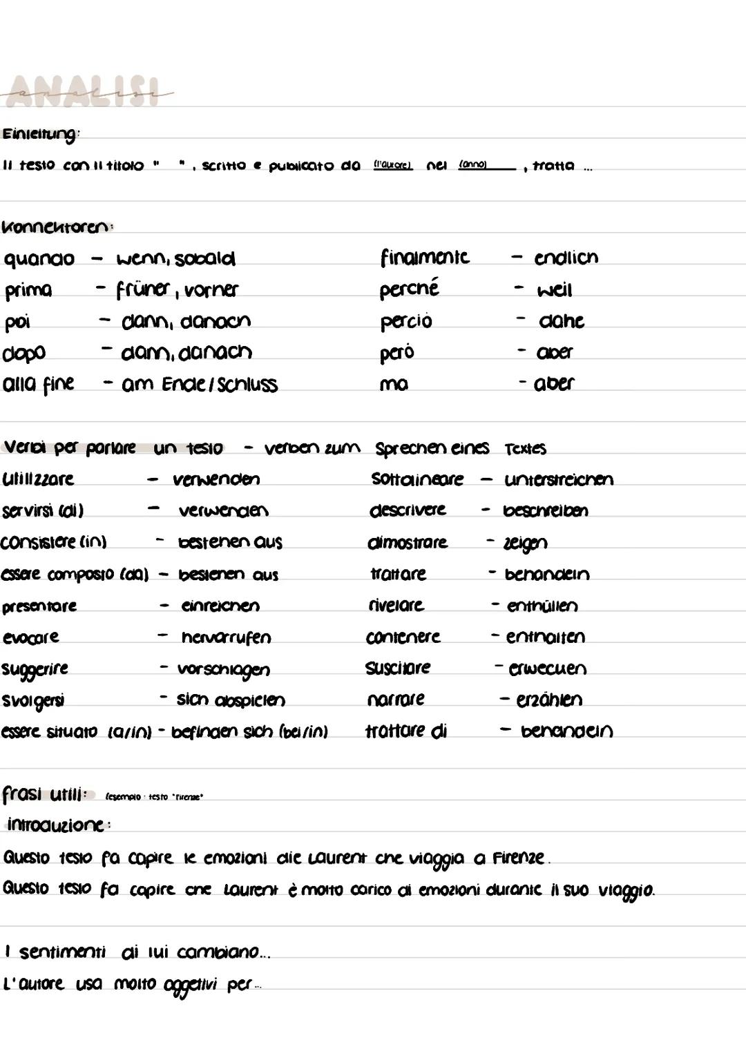 ANALISI
Einleitung:
Il testo con il titolo
Konnektoren:
quando
prima
poi
dopo
alla fine
-
wenn, sobald
- früner, vorner
• clann, danach
- da