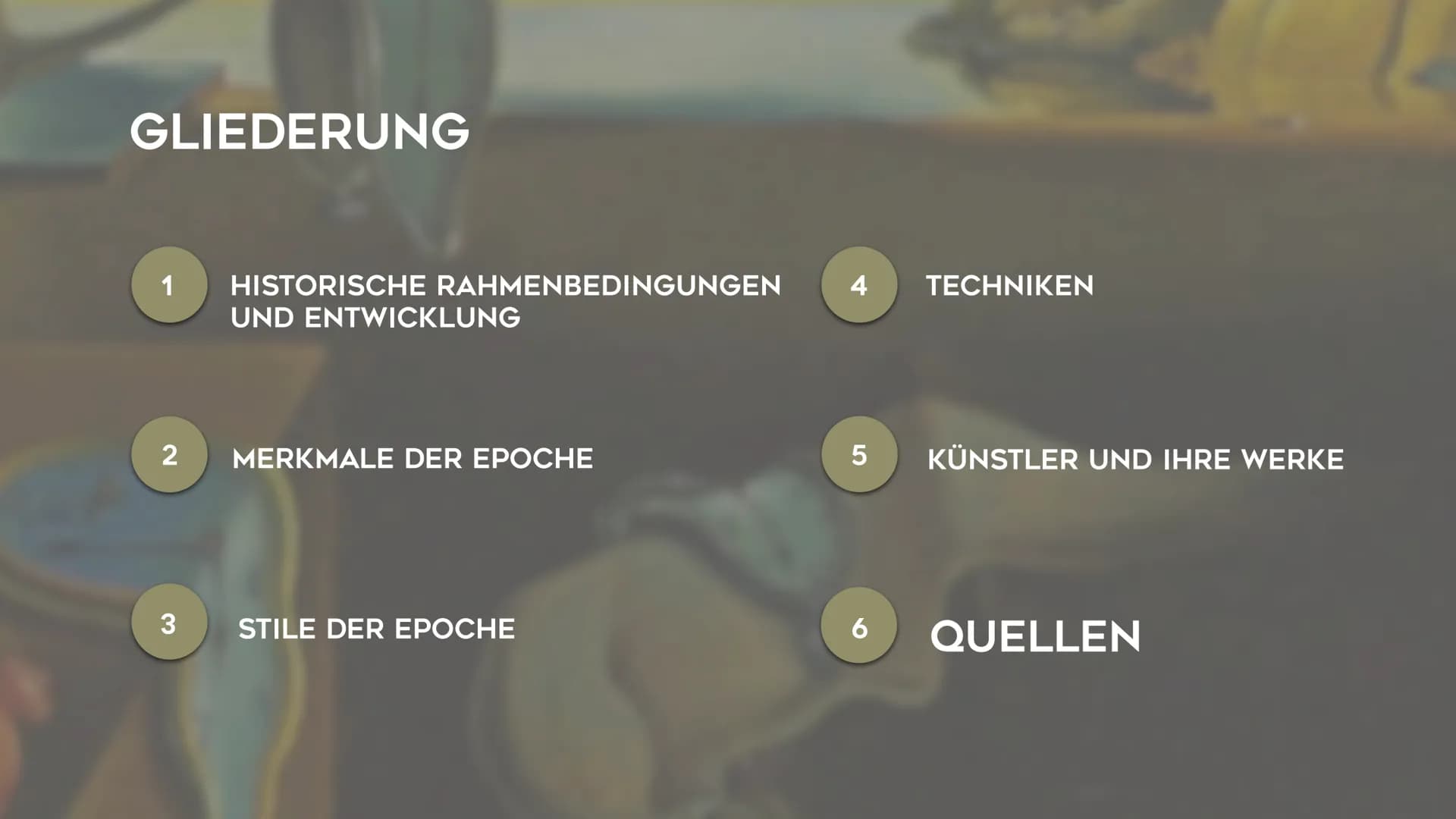 5
SURREALISMUS
NOEMI KIRCHNER - KUNST GK5 KL.13 GLIEDERUNG
1
HISTORISCHE RAHMENBEDINGUNGEN
UND ENTWICKLUNG GLIEDERUNG
1 HISTORISCHE RAHMENBE