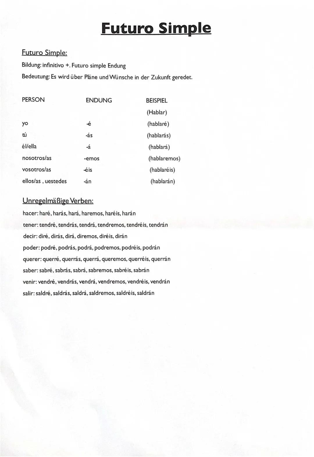 Spanisch Futuro Simple