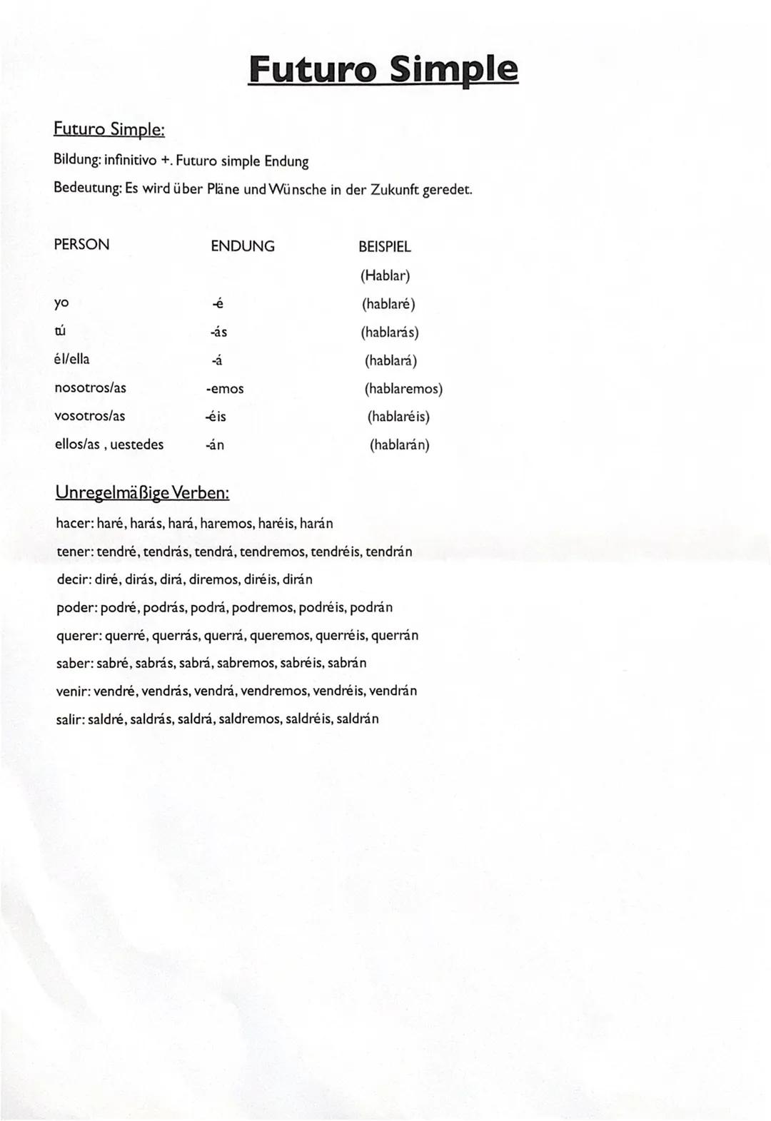 Futuro Simple:
Bildung: infinitivo +. Futuro simple Endung
Bedeutung: Es wird über Pläne und Wünsche in der Zukunft geredet.
PERSON
yo
□ú
él