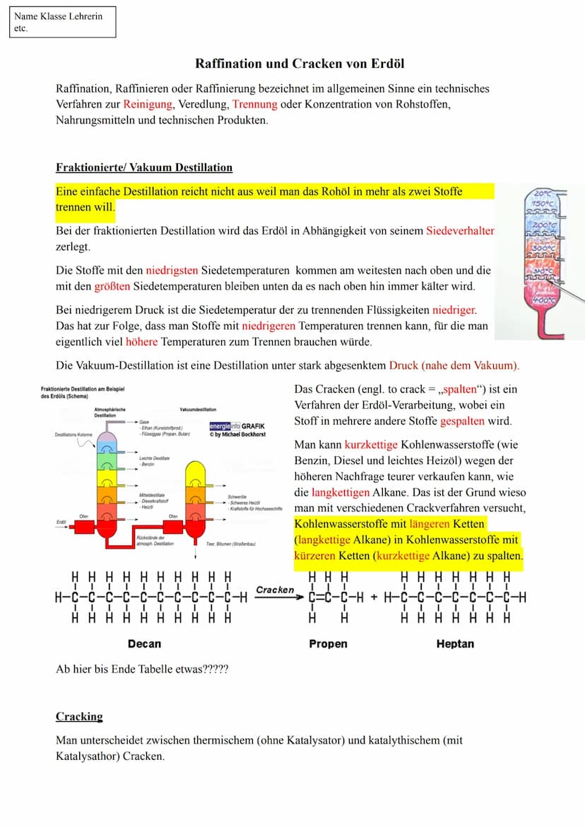Raffination und Cracken von
Erdöl
Röhren-
ofen
Rohol
Atmosphärische
Destillation
Dampf
TT
Dampf
Glockenböden
400 °C
TT
Fraktionen, Siedebere